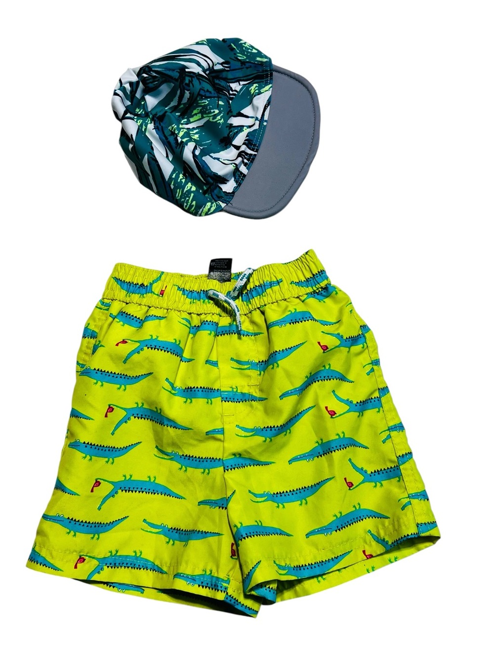 George Neon Lime Green & Teal Croc Print Kids Swim Trunks with Matching Swim Cap